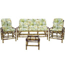 Conjunto Bambu 5 Lugares, 1 Poltrona, 2 Cadeiras + 1 Mesa de Centro com Almofadas para Área Verde Claro