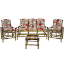 Conjunto Bambú 5 Plazas, 01 Sillón, 2 Sillas + Mesa de Centro con Almohadones Gris/Rojo